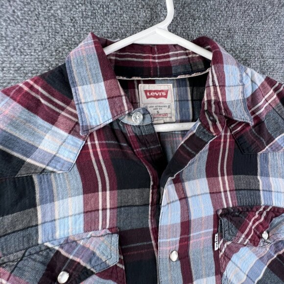 Levi’s Pearl Snap Shirt Lightweight Flannel Plaid Red Blue Small Modern Fit - Picture 7 of 11